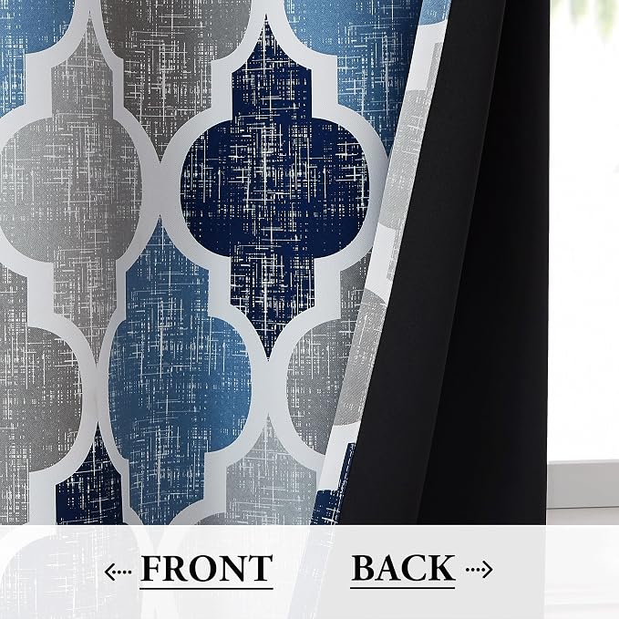 Beauoop Moroccan 100% Blackout Curtains Bedroom Blue Grey 50x63 2 Panels | Geometric Room Darkening Drapes for Living Room 63 Inch Long Thermal Insulated Soundproof Lattice Window Treatment Rod Pocket