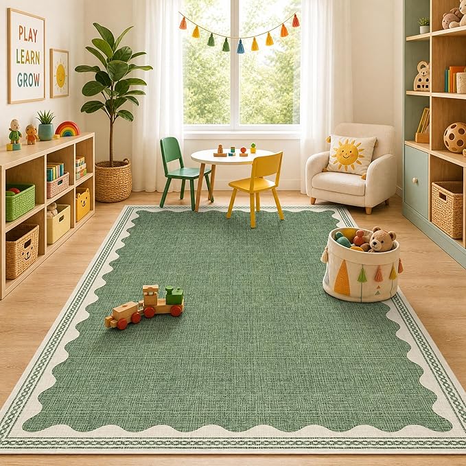 GarveeHome Scalloped Washable Rugs 5x7 Rug for Living Room, 5 x 7 Rug Solid Sage Green Modern Low-Pile Carpet for Bedroom Dining Nursery Non Slip Mat with Rubber Back