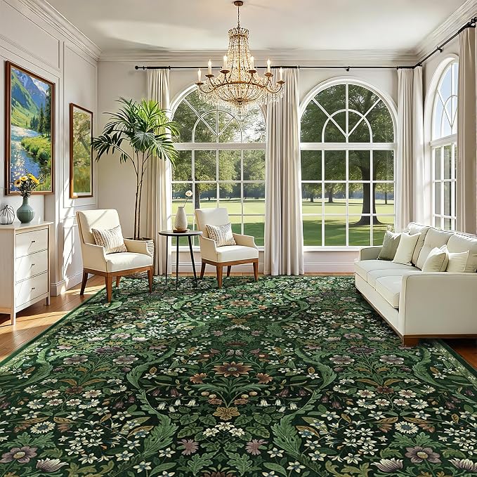 10x14 Dark Green Vintage Floral Area Rug,Washable Large Boho Living Room Rugs,Botanical Print Non-Slip Stain Resistant Lightweight Carpet for Bedroom Dining Room Nursery