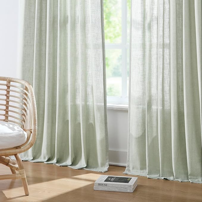 Vision Home Soft Green Pinch Pleated Semi Sheer Curtains Textured Linen Blended Light Filtering Window Curtains 120 inch for Living Room Bedroom Patio Pinch Pleat Drapes with Hooks 10FT 60" Wx120 Lx1