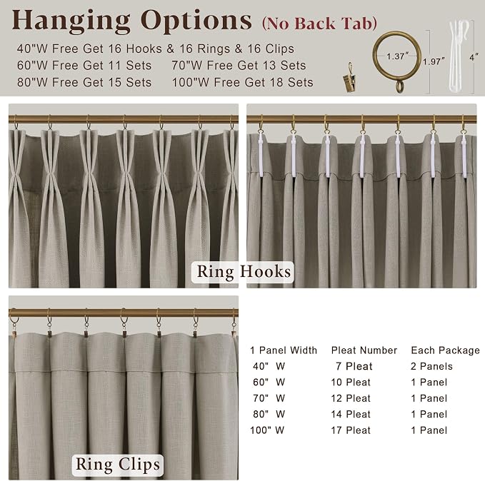 Grey Beige Pleated Linen Curtains 120 Inch Length 2 Panels Set Semi Sheer Light Filtering Tan Brown Window Drapes for Living Room Modern Viral Pinch Pleated Curtains 120 Inches with Hooks Rings Clips