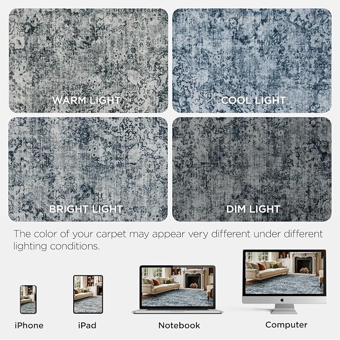 Joydeco 4x6 Area Rugs for Living Room, Non Slip Machine Washable Vintage Rug, Low Pile Chenille Print Rugs for Bedroom, Dining Room, Home Office, Pet & Child Friendly, Light Grey