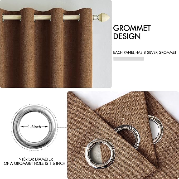MIULEE Linen Curtains for Bedroom 100% Blackout Thermal Insulated Brown Grommet Room Darkening Curtains & Drapes Fall Decor for Living Room 52 x 45 Inch (2 Panels)