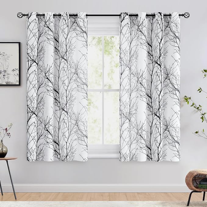 FMFUNCTEX Linen Black White Semi Sheer Print Curtains 54 Inch Long 2 Panels | Short Sheer Branch Patterned Drapes, Light Filtering Grommet Panels for Kitchen, Bathroom, Cafe Windows and Farmhouse Curtain