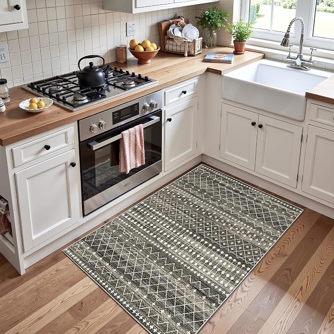 Miukiki 2x3 Entryway Rug Moroccan Washable Non Slip Indoor Floor Carpet Foldable Thin Rug for Dining Room Bedroom with Low Pile(Black,2'x3')