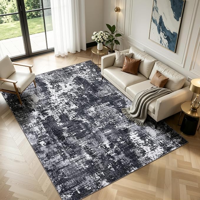 Sasttie 5x7 Soft Area Rug for Living Room, Modern Abstract Washable Carpet for Bedroom, with Non-Slip Backing, Black and White