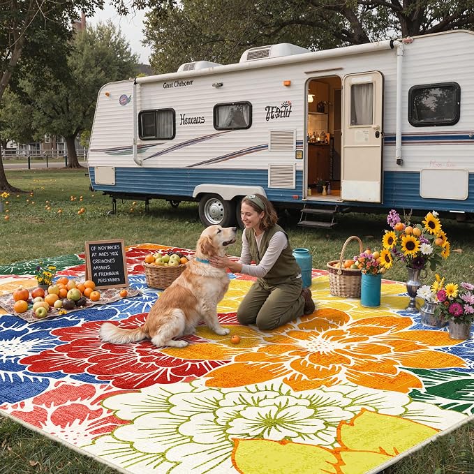 GENIMO 10x14 Outdoor Rug, Washable Quick Dry for Patio, Multicolor | Floral design for gazebo; lightweight chenille with quick-dry non-slip backing for indoor living spaces