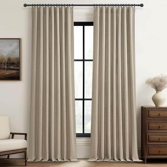 QJmydeco Black Out 96 Inch Long Boho Curtains 2 Panel Set, Farmhouse Curtains for Living Room Darkening/Thermal/Noise Reduction Textured Flax Linen Drape 8ft Hook&Ring Included GreyBeige 50"x96"