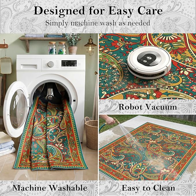 Arenarug Paisley Outdoor Rug Waterproof 6x9, UV Resistant Non Slip Patio Rug, Indoor Outdoor Boho Camping Rug Linen-Look RV Carpet for Deck Balcony Backyard, Terracotta