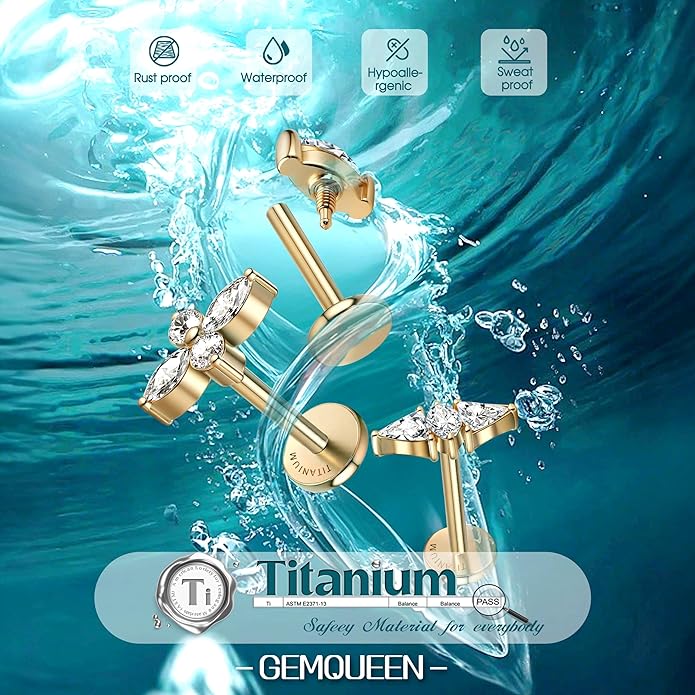 GEMQUEEN G23 Implant Grade Titanium 18G Internally Threaded Flat Back Earrings 5A CZ Studs: 14K Gold Hypoallergenic 3 Pcs Tragus Cartilage Conch Helix Piercing Jewelry for Sensitive Ears Women Men