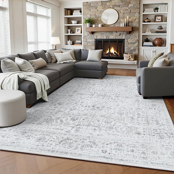 5x7 Area Rugs, Washable Vintage Retro Floral Rug for Living Room, Low Pile Non Slip Distressed Large Carpet for Bedroom, Dining Room, Office, Home (Grey)