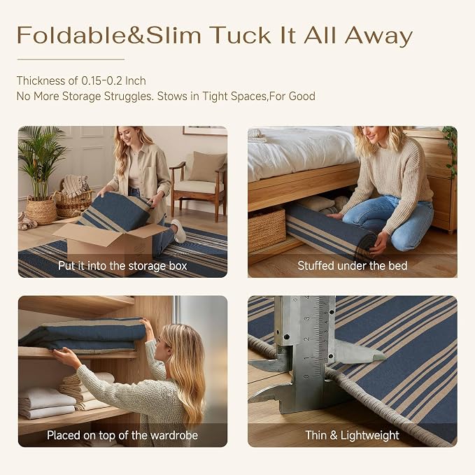 PureCozy Outdoor Rug 8x10 Washable Striped Jute Look Non Slip Carpet | Blue Stripe Farmhouse Style, Indoor Outdoor Area Rugs for Patio, Living Room, Dining Room, Non Shedding, Neutral Rug