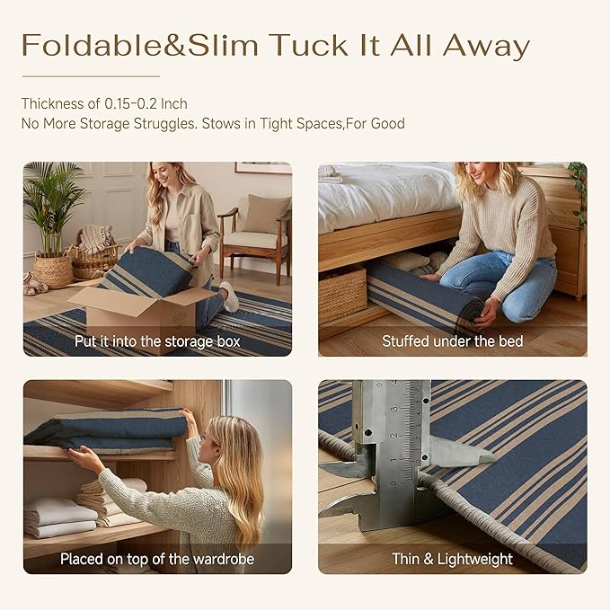 PureCozy Outdoor Rug 4x6 Washable Striped Jute Look Non Slip Carpet | Blue Stripe Farmhouse Style, Indoor Outdoor Area Rugs for Patio, Living Room, Dining Room, Non Shedding, Neutral Rug