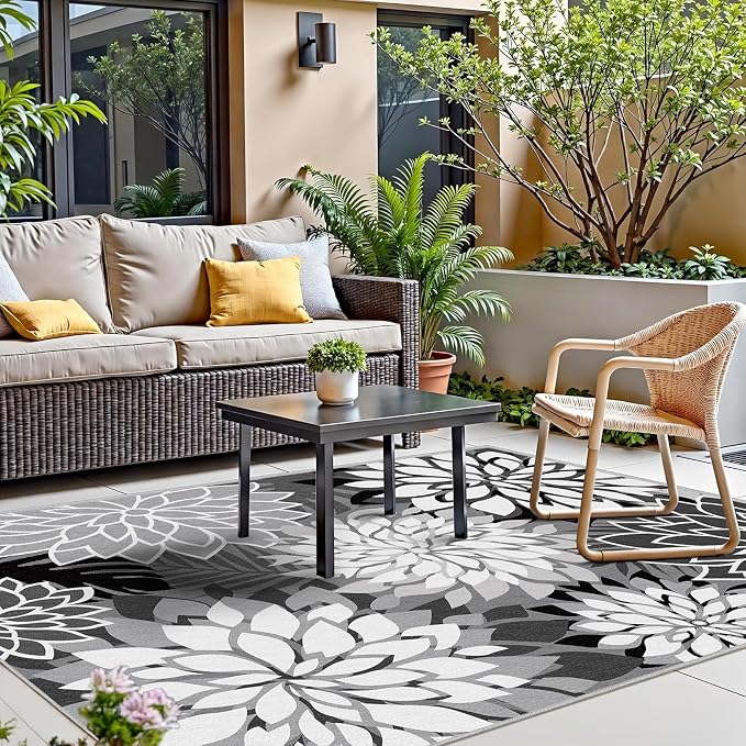 4x6 Outdoor Area Rug Washable Multicolored Patio Rug Tropical Botanical Floral Chenille Waterproof Outdoor Carpet for Living Room, Deck, Backyard, Porch, Black
