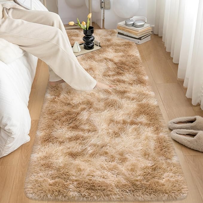 2x5 Feet Beige Fluffy Runner Rug for Bedroom, Soft Plush Shag Carpet Non Slip Washable Long Rug for Hallway Nursery Dorm Living Room, Fuzzy Bedside Rug for Kids Girls Room Decor