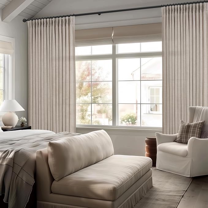 70 Inch Extra Wide Pinch Pleated Linen Light Filtering Dining Room Curtains 102 Inches Long, Greyish Brown Memory Trained Privacy Boho Sheer Curtain Energy Efficient Heavy Windows Drapes 2 Panels Set