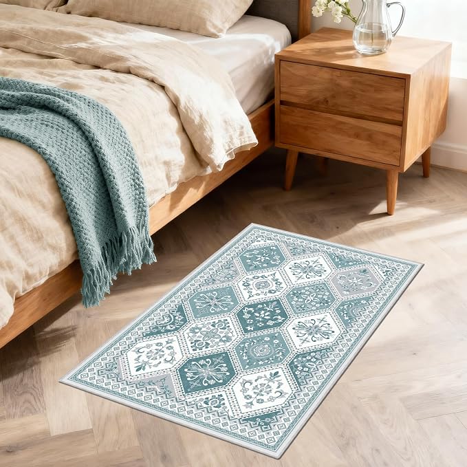 2x3 Washable Entryway Rugs, Soft Non-Slip Boho Moroccan Rug, Low-Pile Printed Indoor Teal Throw Rugs for Entrance, Kitchen, Bedroom Bedside- Teal | Soft Low-Pile Printed Indoor Teal Throw Rugs for Entrance, Kitchen, Bedroom Bedside