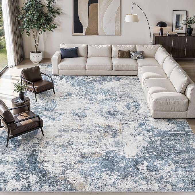 DMOYEST 10x14 Area Rug for Living Room, Washable & Non Slip Large Indoor Carpet, Kid & Pet Friendly Soft Thin Low Pile Abstract Rug for Bedroom and Office - Blue
