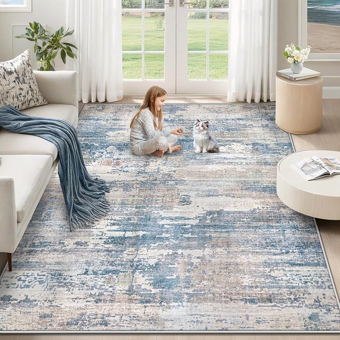 XLUEZ 5x7 Area Rugs for Living Room, Washable Modern Abstract Large Area Rug Neutral Soft Non Slip Kids Rug Stain Resistant Indoor Carpet for Bedroom Nursery Dining Room Playroom(BlueBeige, 5'x7')