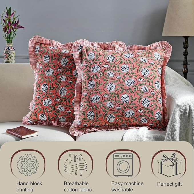 Ridhi Block Print Dark Salmon Pink Throw Pillow Cover 24" x 24" (Pack of 2) Decorative Cushion Covers with Ruffle for Couch, Sofa, Bed, Living Room, Home Decor Gift for Spring, Easter, Valentine
