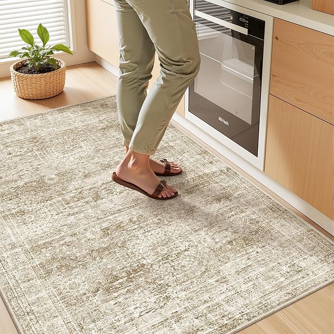 3x4 Rugs for Entryway,Washable Area Rug,Brown | Small Rug for Kitchen,Hallway,Bedroom,Bathroom,Thin,Soft, Neutral Rug,Stain Resistant Indoor Carpet,Non Slip