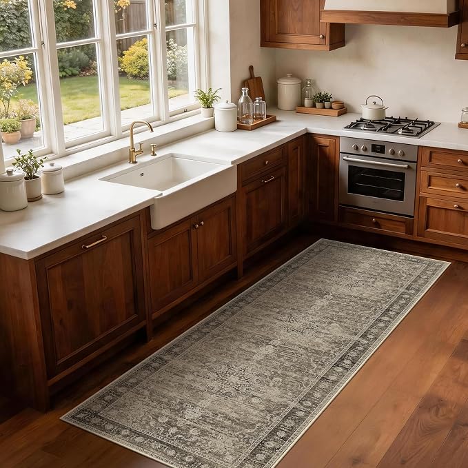 Washable Runner Rug 2.6x8 Brown, Vintage Boho Carpet Runners for Hallway | TTelephant Medallion Runner Carpet, for Hallways, Bedside, Kitchen, Low Pile Indoor, Non-Slip Silicone Backing, Non-Shedding