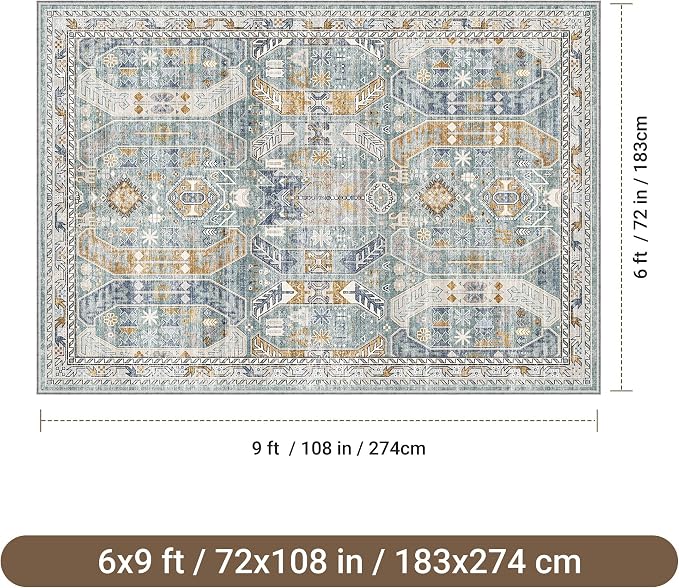 befbee 6x9 Area Rugs for Living Room - Stain Resistant Machine Washable Rugs for Bedroom,Non-Slip Backing Large Area Rug (Blue/Gold, 6'x9')