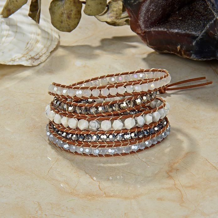 MGR MY GEMS ROCK! 35-Inch Long Multi-Layer Hand Crafted Gemstone and Crystal Multi-Stone Beaded on Genuine Leather Boho Style Stackable Super Wrap Bracelet, up to 5 Wraps.