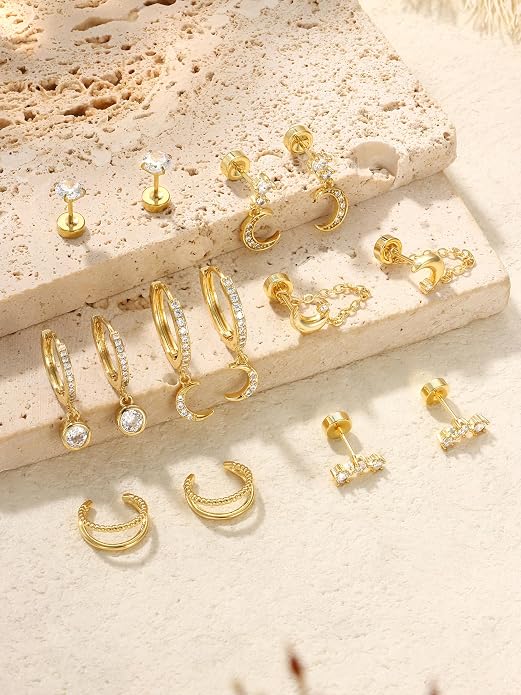 Dochais Flat Back Cartilage Earrings for Women Trendy Dainty CZ Flatback Studs Earing Sets 14k Gold Plated Hypoallergenic Huggie Hoops Earring Stacks for Multiple Piercing