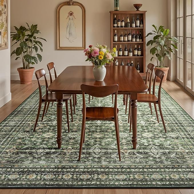 Lofus 10x14 Area Rug for Living Room,Green Washable Large Rugs with Non-Slip Backing,Soft Boho Carpets for Bedroom Dining Room Home Office Indoor Nursery
