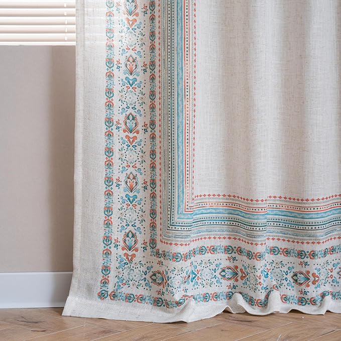 MYSKY HOME Linen Sheer Curtains 63 Inch Length for Bedroom Boho Farmhouse Curtains Decorative Window Treatment Draperies Back Tab for Kitchen/Nursery/Bathroom, 50" Wide, Teal, 2 Panels