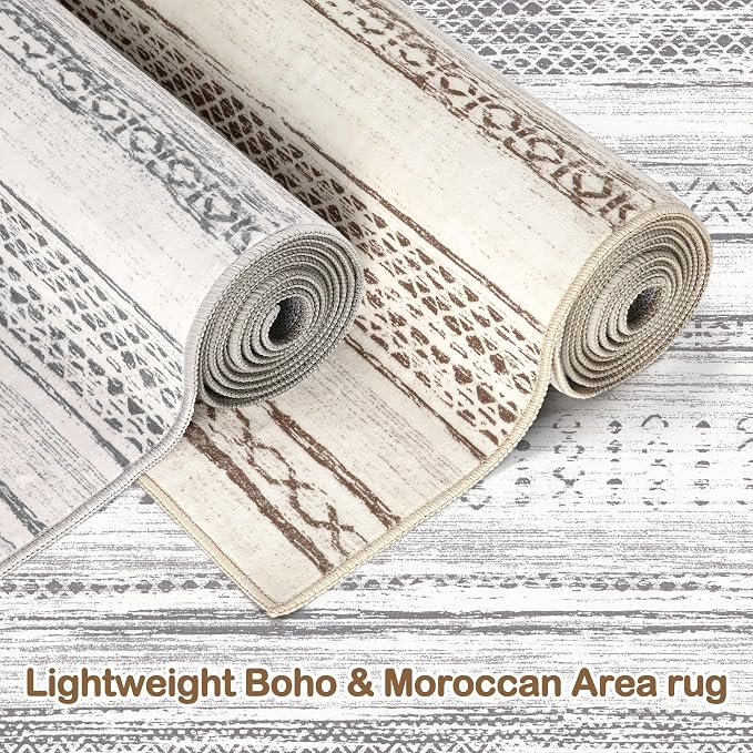 Area Rug Living Room Rugs - 10x12 Washable Large Soft Neutral Boho Moroccan Bohemian Farmhouse Rug Indoor Floor Carpet for Bedroom Under Dining Table Home Office Decor - Light Grey