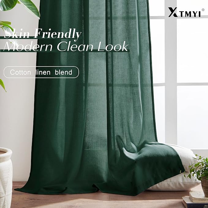 XTMYI Luxury Curtains for Living Room,Emerald Dark Green Sheer Linen to Match Gold Art Deco Curtains for Bedroom,Set of 2 Panel Curtains,50 Wide x 108 Inches Long