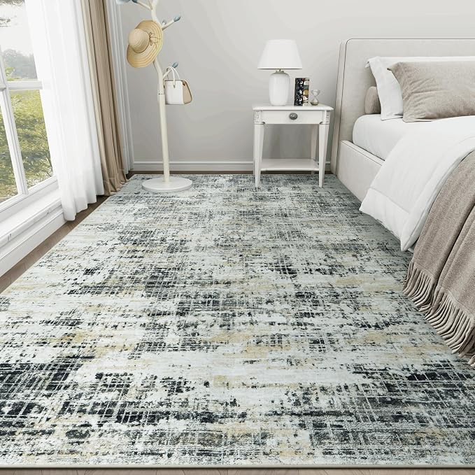 6x9 Area Rugs for Living Room Washable Rug: Anti-Skid Abstract Modern Living Room Rug Soft Thin Carpets Indoor Floor Non-Shedding Carpet for Bedroom Dining Farmhouse Nursery Black Gray Gold
