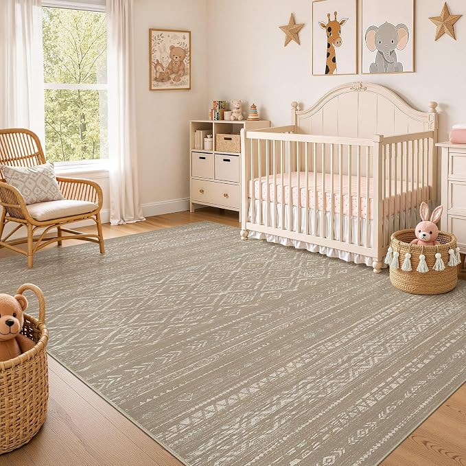 Nakagishi Area Rug Living Room Rugs: 10x12 Large Soft Machine Washable Boho Moroccan FarmNeutral Stain Resistant Indoor Floor Carpet for Bedroom Under Dining Table Home Office Decor-Dark Brown