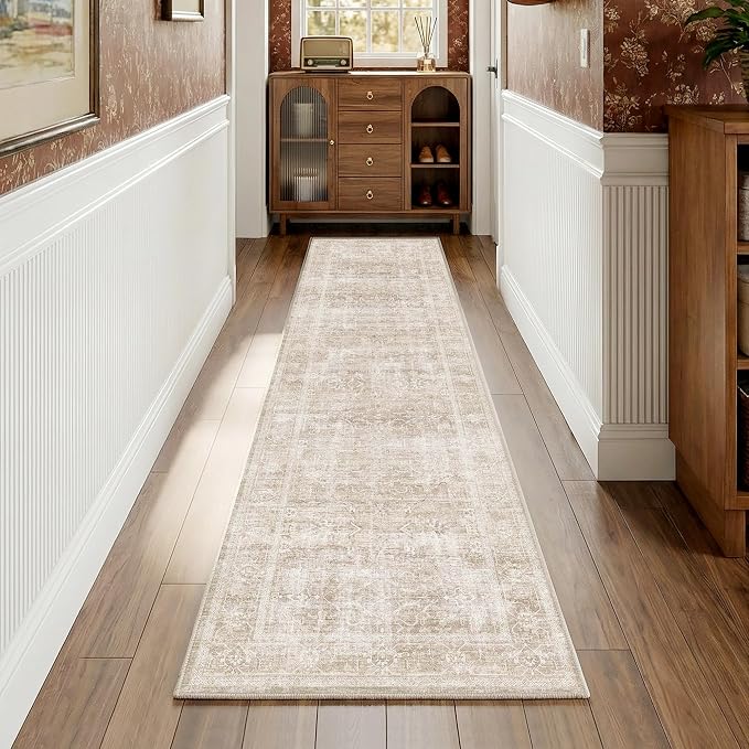Beauoop 2x8 Hallway Runner Rug Washable Beige Neutral Vintage Distressed | Cream Retro Non Slip Low Pile Oriental Soft Thin Indoor Carpet Rug Entryway Entrance Kitchen Laundry Bedroom Bathroom Bedside