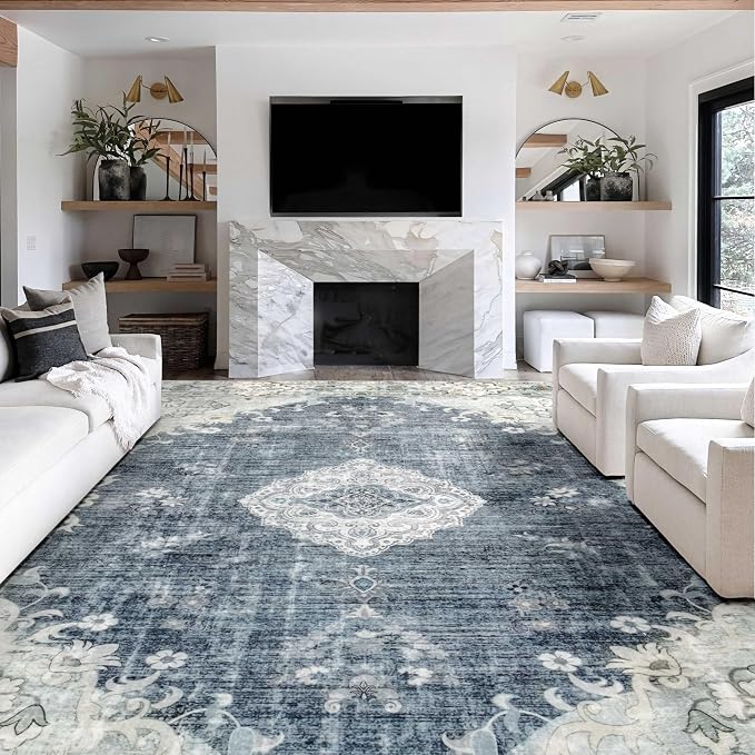MUJOO 9x12 Area Rug Washable Boho Rug Non Slip Low-Pile Floral Large | Machine Washable Throw Carpet for Living Room Bedroom Dining Room Soft Big Floor Indoor Flowers Blue and Grey