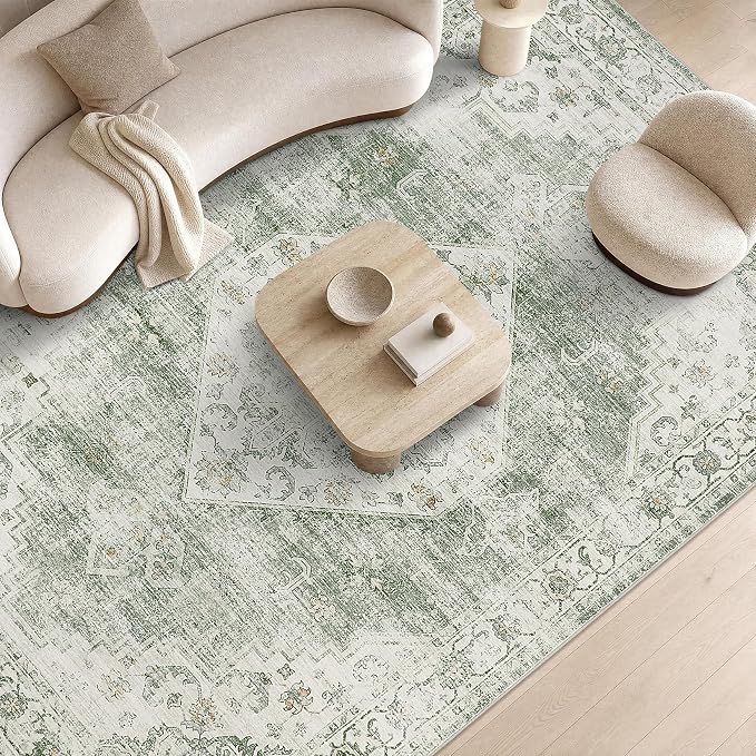 Garvee Sage Green 10x13 Area Rugs for Living Room, Boho Vintage Non-Slip Washable Rug Low Pile Stain Resistant Soft Foldable Large Carpet for Bedroom Dining Home Decor