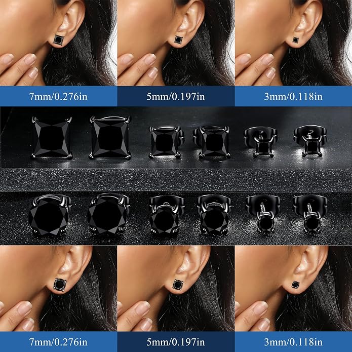 MDFUN 6 Pairs Stud Earrings Set 3mm/5mm/7mm Princess & Round Cubic Zirconia Earrings Hypoallergenic 316L Surgical Stainless Steel CZ Earrings for Women Men
