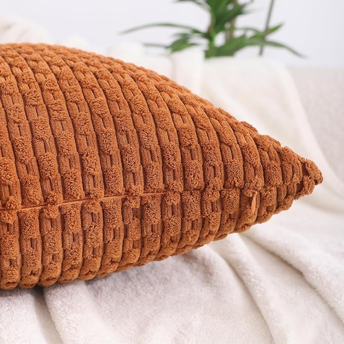 VAKADO Fall Throw Pillow Covers 16x16 Decorative Set of 4 Couch Corduroy Rust Boho Rustic Cushion Case Farmhouse Decor Square for Home Living Room Bed Sofa, Terracotta