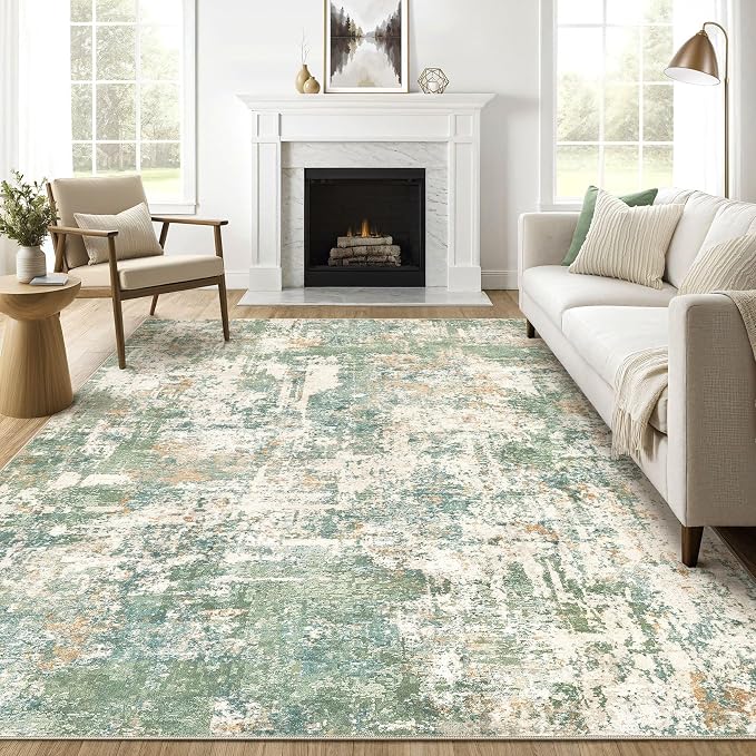 7x9 Area Rug Living Room: Washable Large Abstract Soft Green Rugs Stain Resistant Indoor Floor Non-Slip Accent Carpet for Men Modern Home Enthusiasts Aged 25-45 - Bedroom Office Playroom
