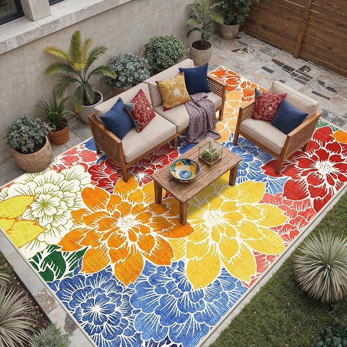 GENIMO 10x14 Outdoor Rug, Washable Quick Dry for Patio, Multicolor | Floral design for gazebo; lightweight chenille with quick-dry non-slip backing for indoor living spaces