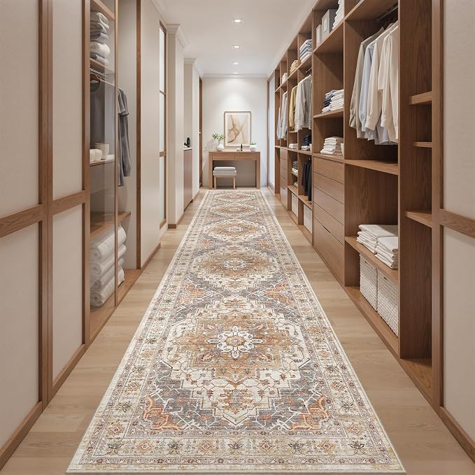 2'6" x 16'Non Slip Runner Rugs - Runners for hallways, Kitchen,Entryway,Stain Resistant Washable Rugs for Bedroom, Indoor Vintage Area Rugs (Turmeric/Grey,2'6" x 16')