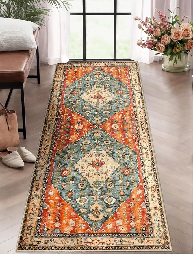 SERISSA Boho Washable Runner Rug, 2x5 Rug Non-Slip Tribal Hallway Kitchen Runner Rug Ultra Soft Print Distressed Vintage Floor Carpet for Bedroom Bathroom Laundry Living Room