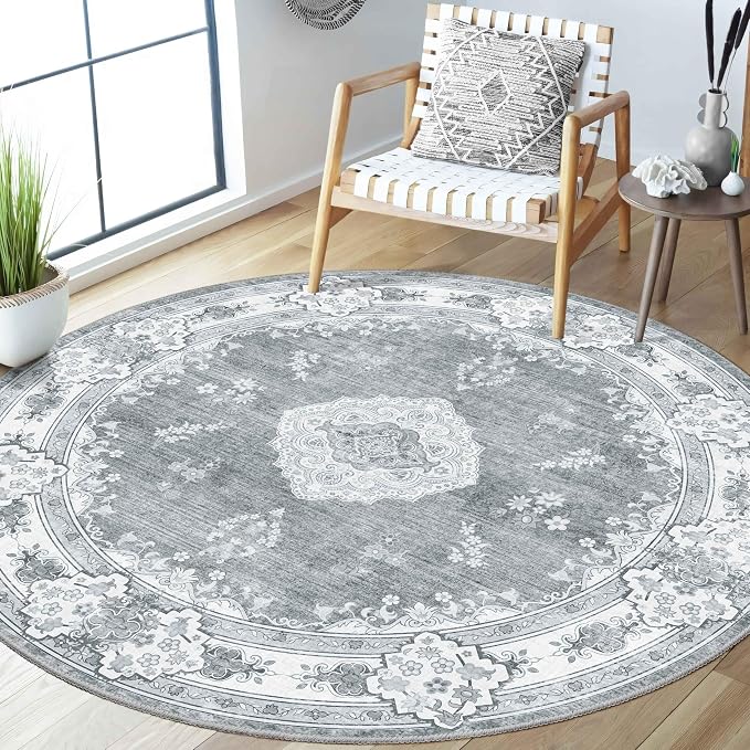 MUJOO Grey Round Rug 5ft,Circle Washable Area Rug Non Slip Low-Pile Floral | Circular Rugs for Bedroom Living Room Dining Room Bathroom Boho Throw Carpet Soft Floor Indoor Vintage Bohemian Flowers