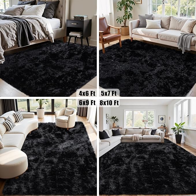 5x8 Area Rug for Living Room:Ultra Soft Fluffy Shag Black Rugs,Large Fuzzy Plush Indoor Non Slip Carpet Washable Rug for Bedroom Kids Nursery Office Dorm Modern Decor(Black 5'x8')
