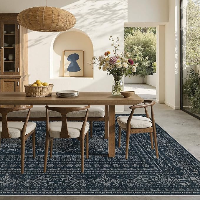 Nakagishi 6x9 Area Rugs Living Room: Washable Large Vintage Rug Neutral Non-Slip Soft Stain Resistant Indoor Carpet for Bedroom Nursery Dining Room Office Playroom - Navy