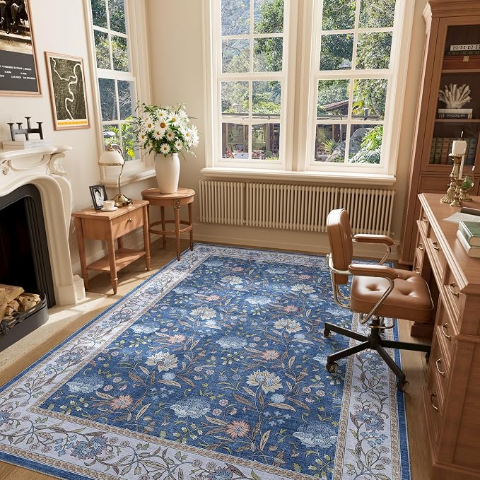 DUKINO 5x7 Area Rug, Vintage Floral Washable Rug for Living Room, Sky Blue | Non Slip, Low Pile, Non-Shedding, Stain Resistant Lightweight Boho Soft Carpet for Bedroom Home Office Dining Room Farmhouse