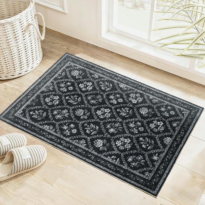 Black Floral Area Rug for Entryway 2x3 Washable Small Rug Low Pile Non Slip Distressed Entry Mat Soft Farmhouse Indoor Entrance Door Mat for Kitchen Bedroom Home Office Black Grey and White