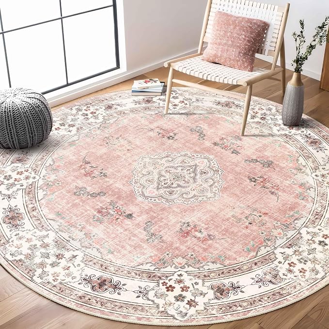 MUJOO Pink Round Rug 6ft,Circle Washable Area Rug Non Slip Low-Pile Floral | Large Circular Rugs for Bedroom Living Room Dining Room Boho Throw Carpet Soft Floor Indoor Flowers Light Blush
